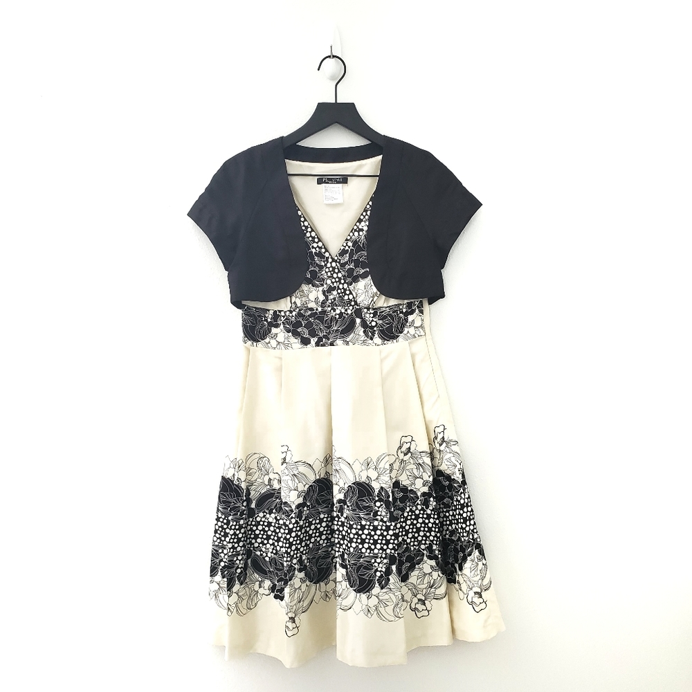 Cream and Black Floral Dress with Cropped Jacket